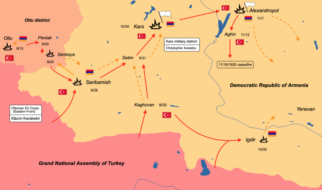 Mapa pokazująca przebieg tureckiej inwazji na Armenię w 1920 roku (CC BY-SA 4.0).