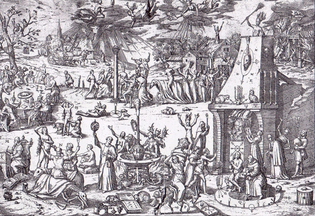 Rycina z końca XVI wieku przedstawiająca polowania na czarownice w Trewirze (domena publiczna).
