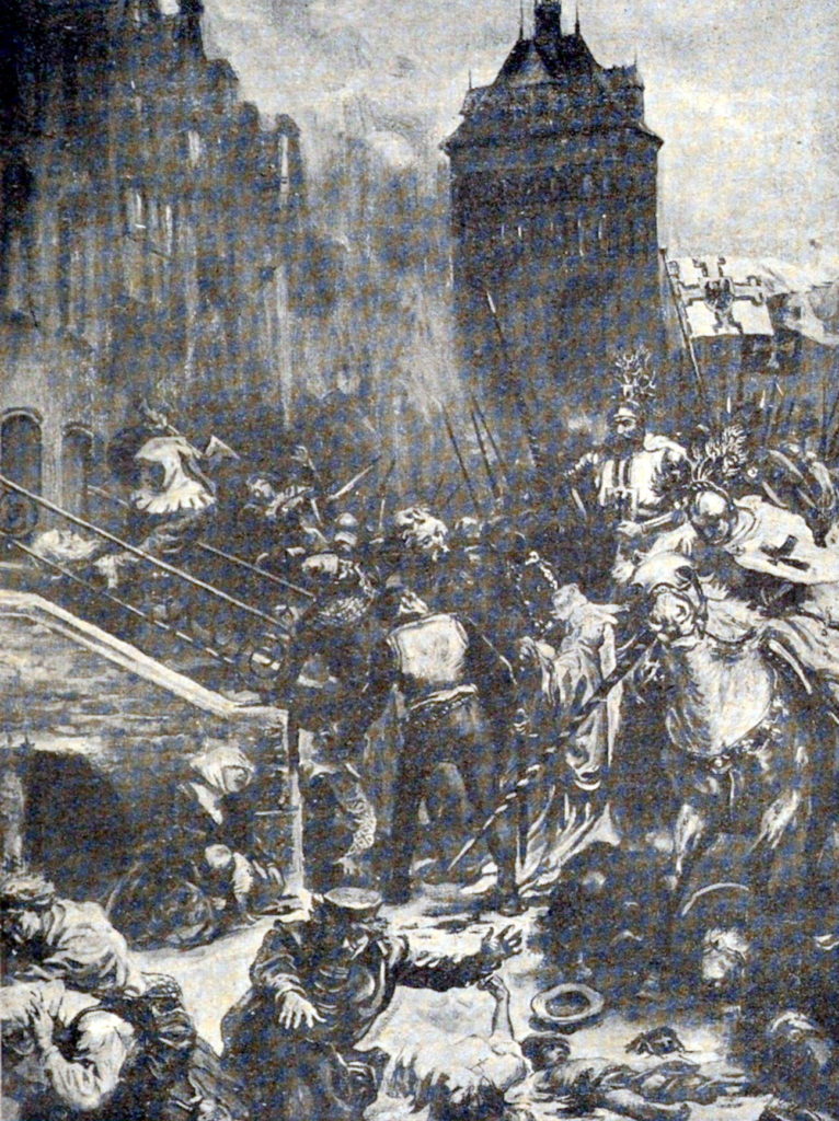 Rzeź mieszkańców Gdańska dokonana przez Krzyżaków 13 listopada 1308 roku w wyobrażeniu XIX-wiecznego artysty (domena publiczna).
