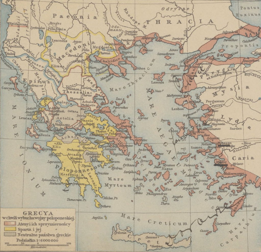 Symmachia spartańska (oznaczona żółtym kolorem) na początku wojny peloponeskiej (F. W. Putzger/domena publiczna).