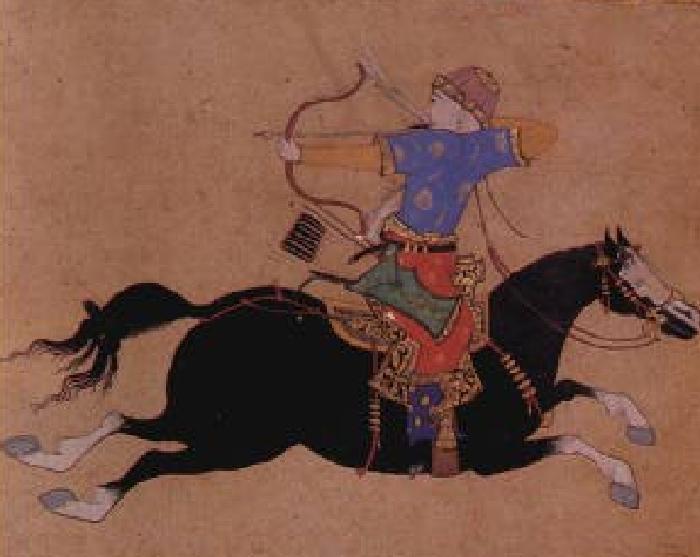 Turecki jeździec uzbrojony w łuk refleksyjny. Ilustracja poglądowa (domena publiczna).