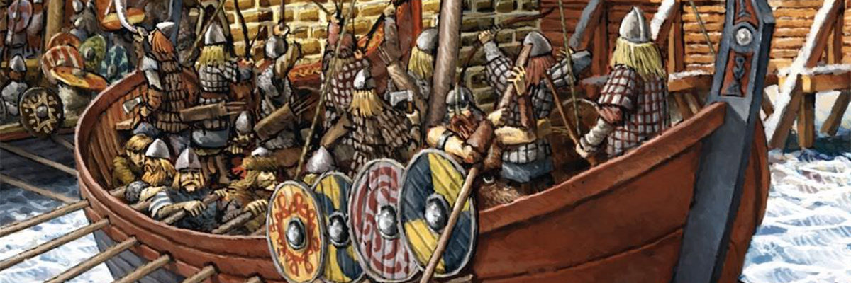 Wikingowie schodzący na ląd i bój o miasto.