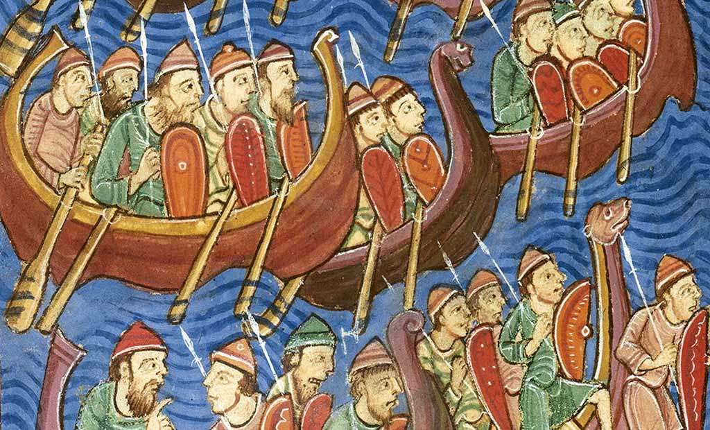 Wikingowie w swoich łodziach ma ilustracji z X-wiecznego manuskryptu (domena publiczna).