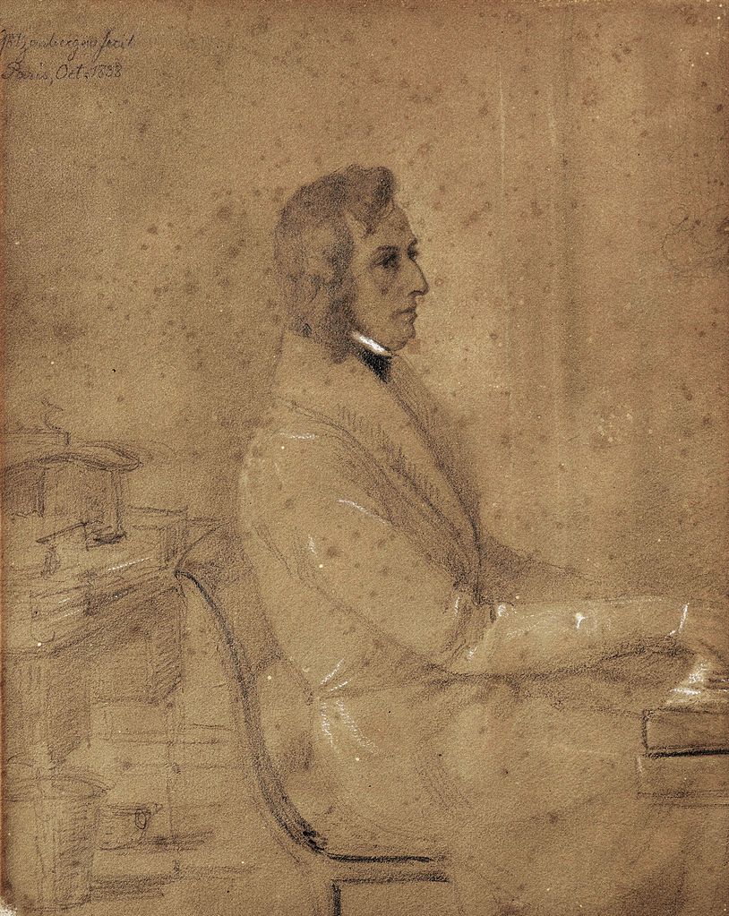 Chopin przy fortepianie. Szkic wykonany w 1836 roku przez Jakoba Götzenbergera (domena publiczna).