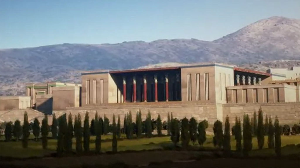 Kompleks pałacowy w Persepolis. Nowoczesna wizualizacja wyglądu siedziby króla Dariusza