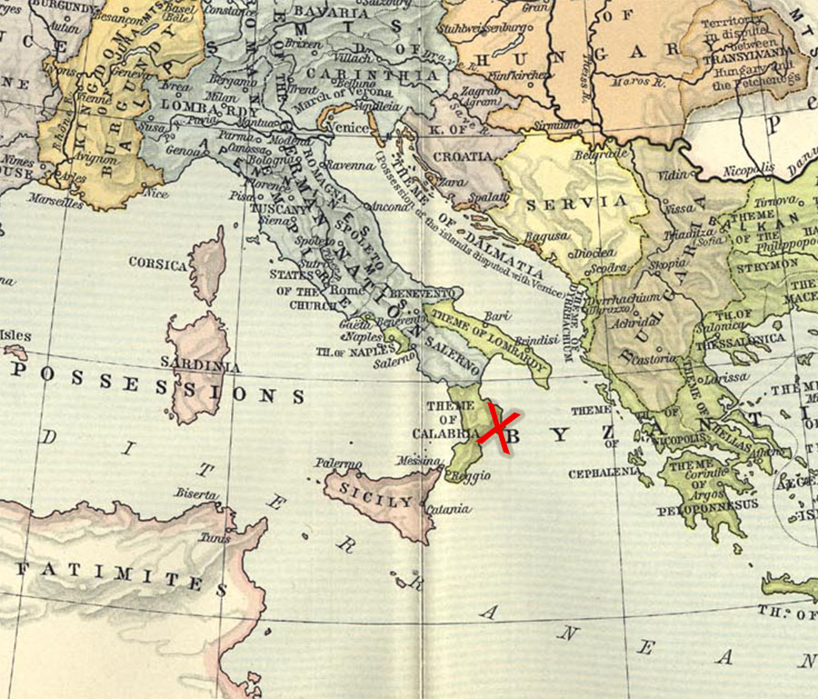 Mapa południowej Europy w roku 1000 z zaznaczonym miejscem bitwy pod Crotone
