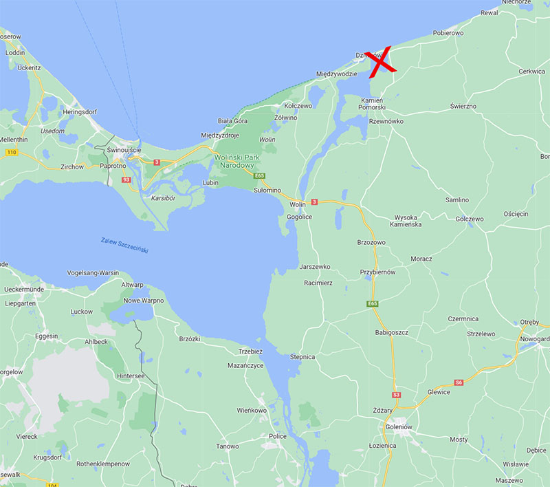 Miejsce, w którym utknęła duńska flota na współczesnej mapie ujścia Odry.