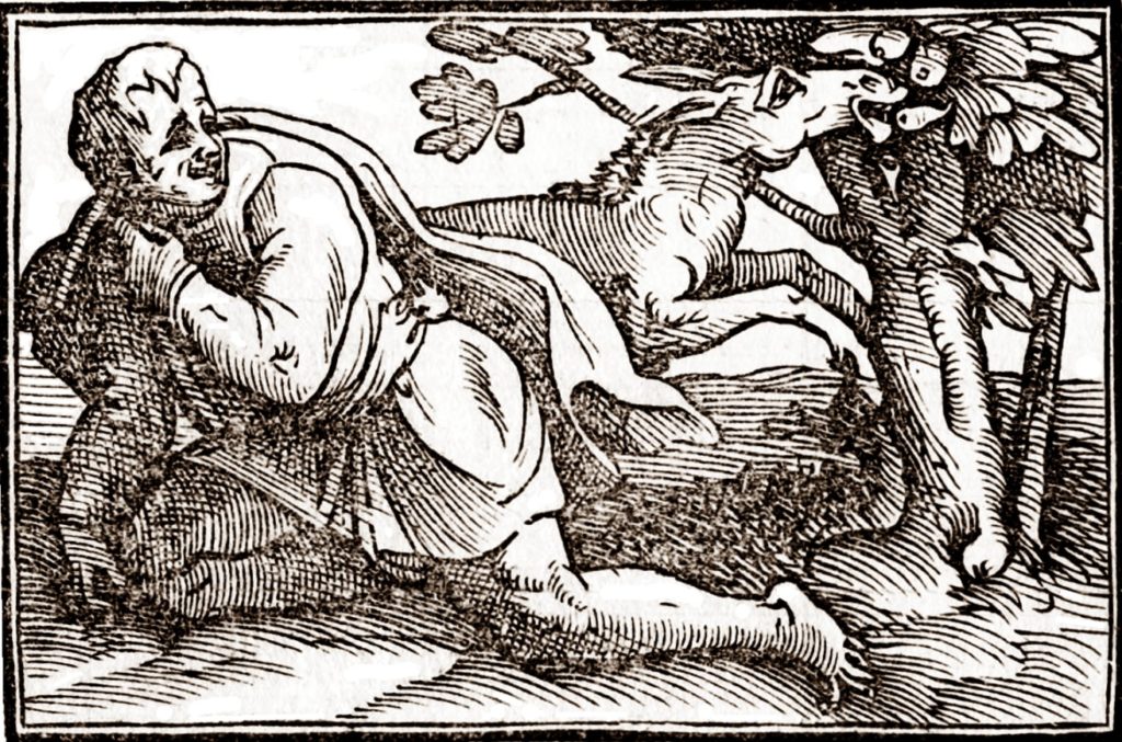 Pochodzący z początku XVII wieku drzeworyt przedstawiający ostatnie chwile Chryzopa (domena publiczna).