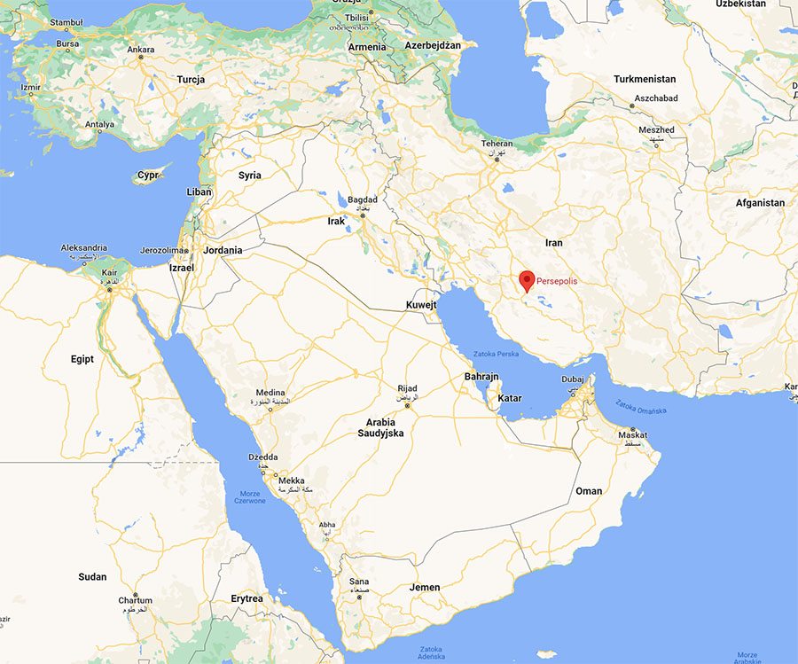 Położenie Persepolis na obecnej mapie Bliskiego Wschodu (Google Maps)