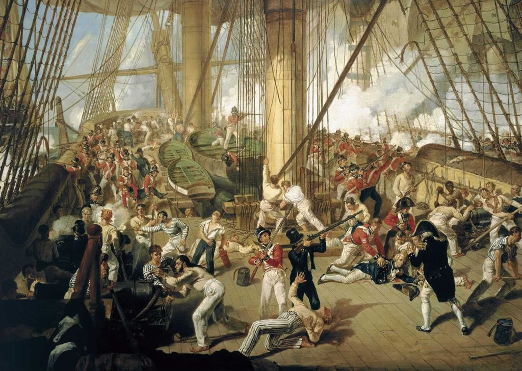 Postrzelenie admirała Nelsona w wyobrażeniu Denisa Dightona (domena publiczna).