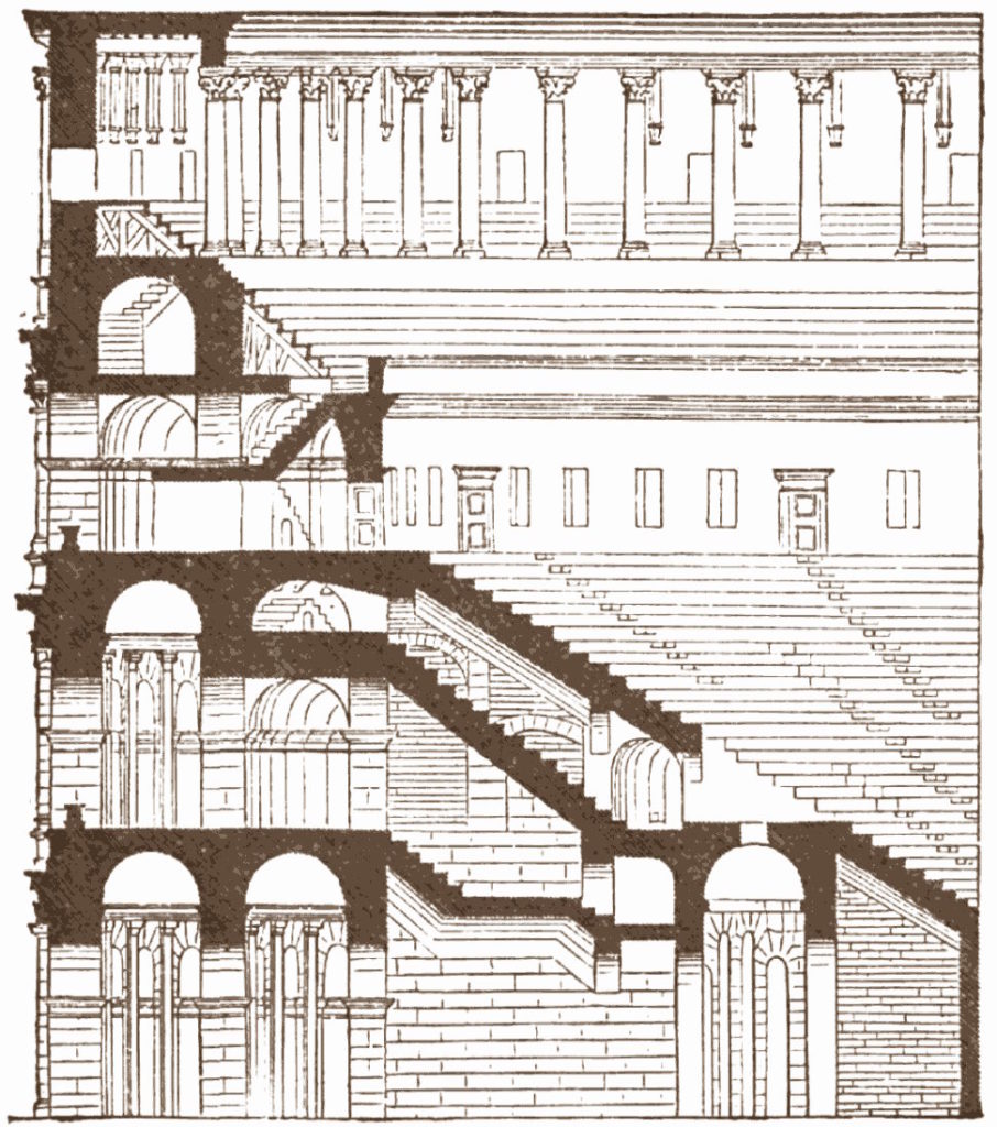 Przekrój Koloseum na rysunku z początku XX wieku (domena publiczna).