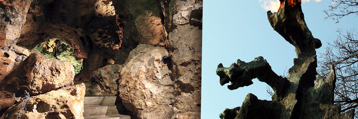 Z lewej: fragment trasy zwiedzania w Smoczej Jamie (fot. Falk2, lic. CC-BY-SA 4,0). Z prawej: rzeźba smoka przed wejściem do jamy (fot. alghor, lic. CC-BY-SA 3,0).