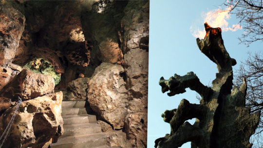 Z lewej: fragment trasy zwiedzania w Smoczej Jamie (fot. Falk2, lic. CC-BY-SA 4,0). Z prawej: rzeźba smoka przed wejściem do jamy (fot. alghor, lic. CC-BY-SA 3,0).