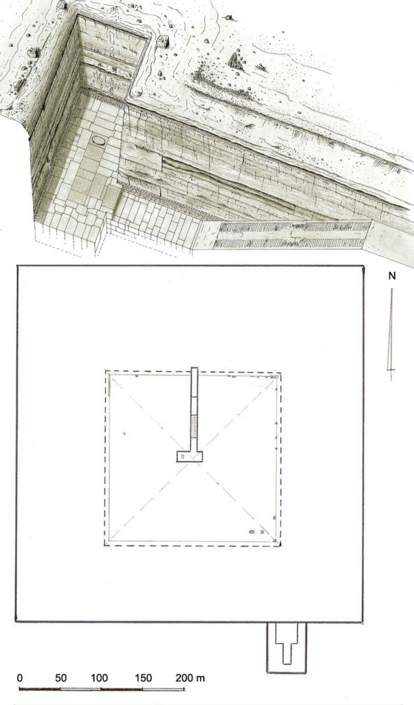 U góry: pozostałości nieukończonej piramidy w Zawijet el-Arjan. U dołu: plan