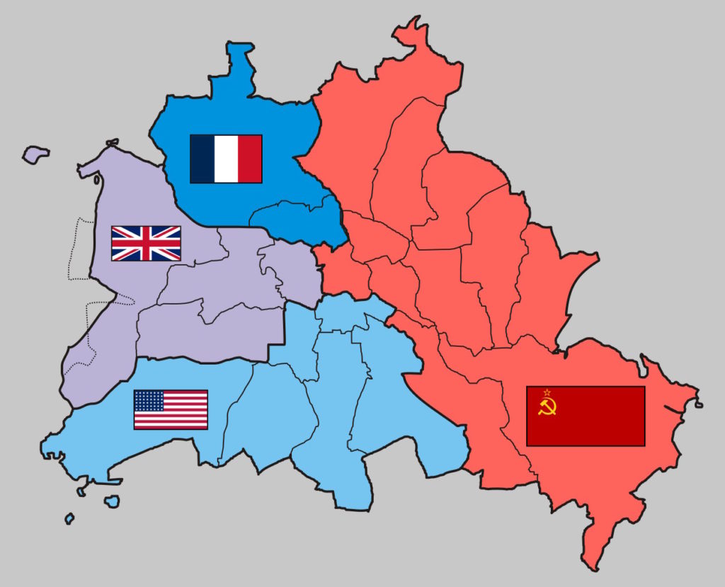 Cztery sektory okupacyjne Berlina utworzone bezpośrednio po II wojnie światowej (Stefan-Xp/CC BY-SA 3.0).