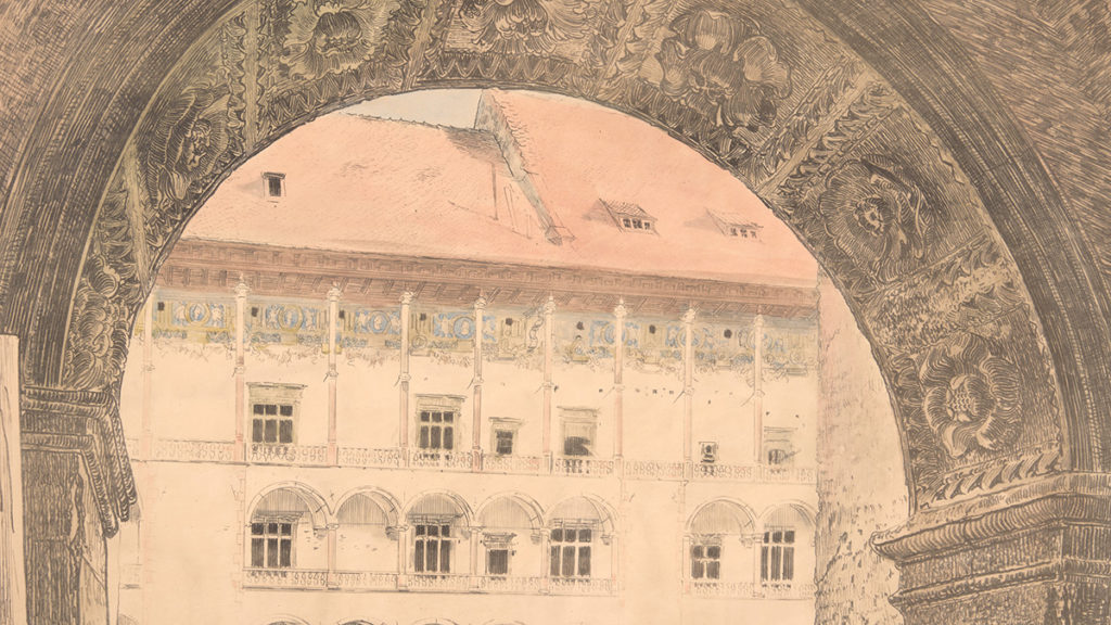 Dziedziniec arkadowy Wawelu widziany przez bramę wjazdową na zamek górny.