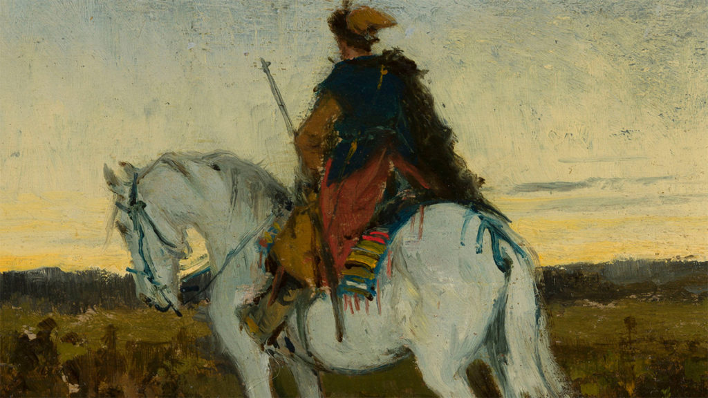 Jeździec wschodni na białym koniu. Obraz Jana Chełmińskiego.