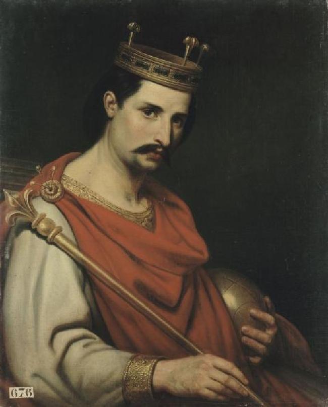 Karol II Łysy w wyobrażeniu XIX-wiecznego malarza Louisa Philippe'a (domena publiczna).