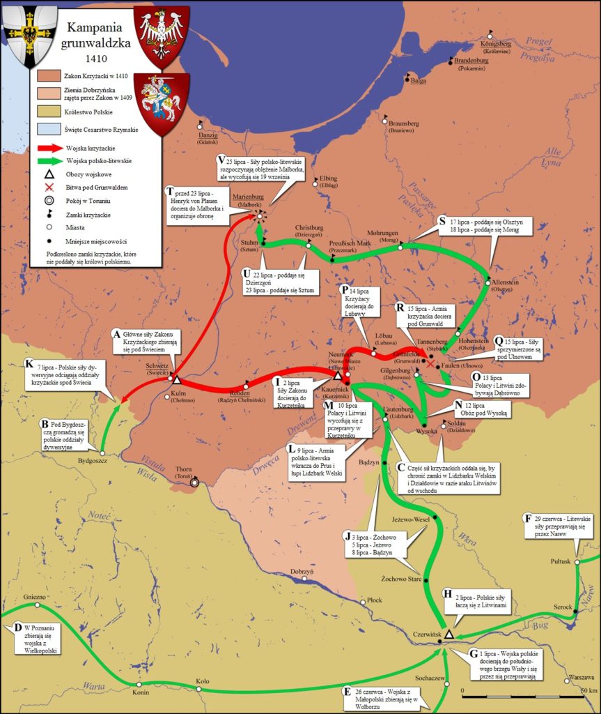 Mapa kampanii grunwaldkziej 1410 roku (Popik/CC BY-SA 4.0).