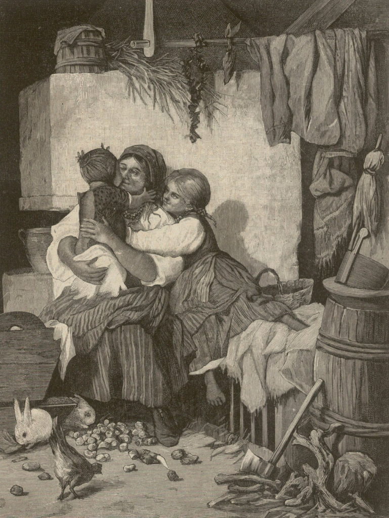 Pierwszy pocałunek matki. Rysunek Jana Zdzisława Konopackiego (domena publiczna).