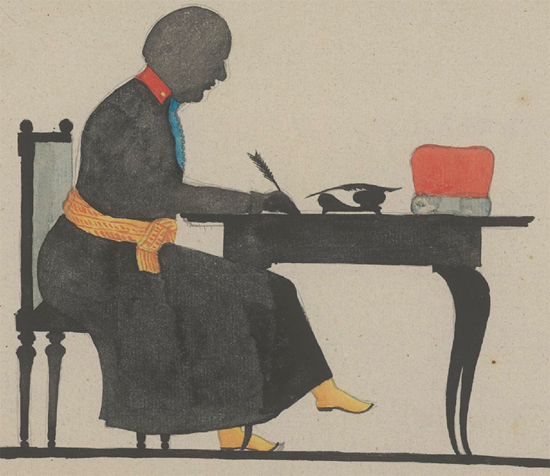 Polski szlachcic przy stole z gęsim piórem w dłoni. Grafika z początku XIX wieku.
