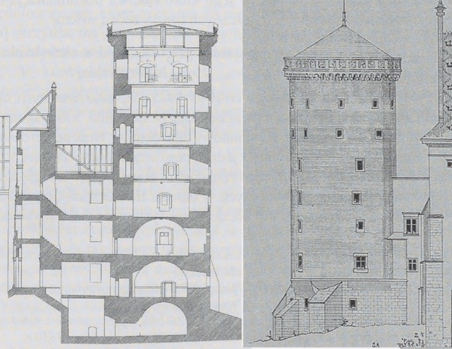 Przekrój i rzut boczny wieży Lubranki. Rysunki ze schyłku XIX stulecia