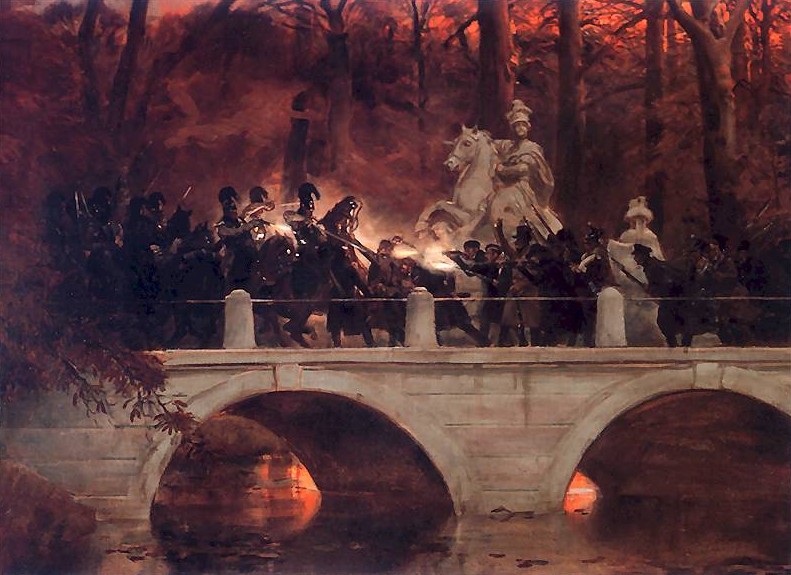 Starcie belwederczyków z kirasjerami rosyjskimi na moście w Łazienkach 29 listopada 1830. Obraz Wojciecha Kossaka (domena publiczna). 