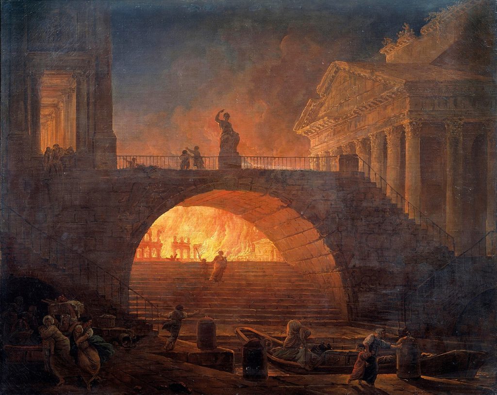 Wielki pożar Rzymu na obrazie Pożar Rzymu Huberta Roberta (domena publiczna),