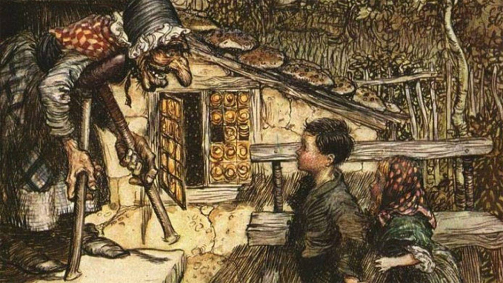 XIX-wieczna ilustracja do jednej z baśni braci Grimm - Hansel i Gretel.