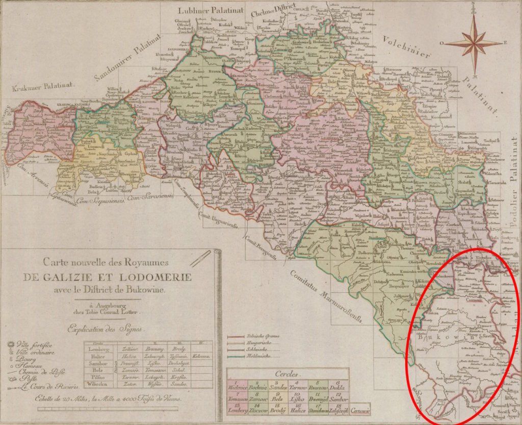 Mapa Królestwa Galicji i Lodomerii. Bukowina znaczona czerwoną elipsą (domena publiczna).