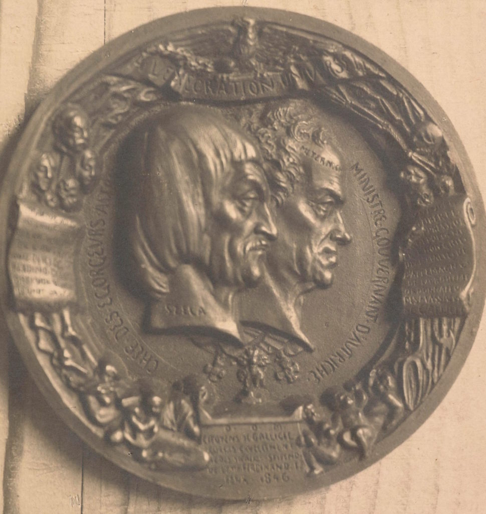 medalionu wykonanego przez Henryka Dmochowskiego, przedstawiającego Jakuba Szelę i Klemensa Metternicha (domena publiczna).