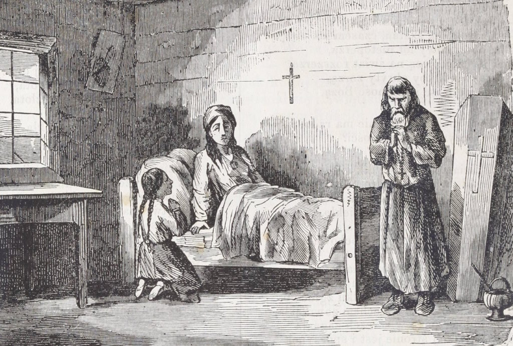 Modlitwa przy chorej, Rysunek z drugiej połowy XIX wieku (domena publiczna).