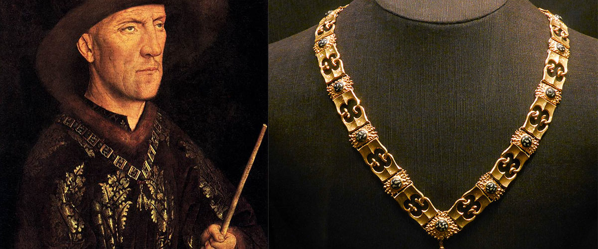 Z lewej: Baudouin de Lannoy, jeden z pierwszych rycerzy Zakonu Złotego Runa. Z prawej: łańcuch orderu Złotego Rucha w zbiorach Schatzkammer w Wiedniu.