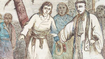 Pleban wśród chłopów. Rysunek XIX-wieczny