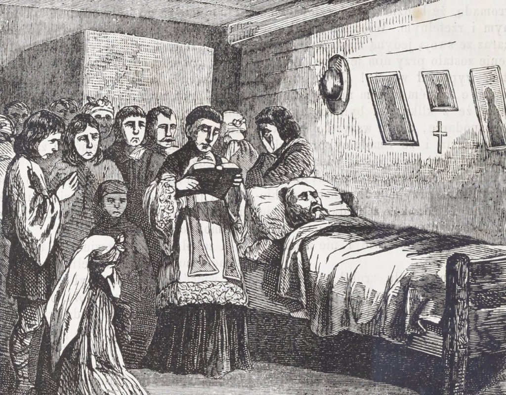Przy łóżku umierającego. Rysunek z drugiej połowy XIX wieku (domena publiczna).