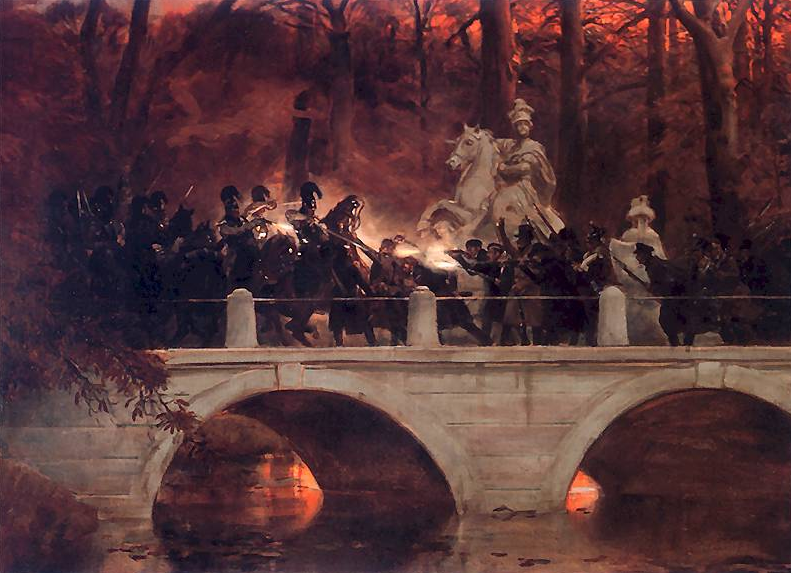 Starcie belwederczyków z kirasjerami rosyjskimi na moście w Łazienkach 29 listopada 1830. Obraz Juliusza Kossaka (domena publiczna).