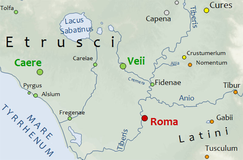 Weje (Veii) i Rzym na mapie środkowej Italii około 450 roku p.n.e