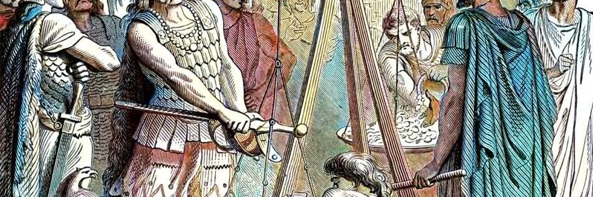 Wódz Galów Brennus naprzeciwko Rzymian. Grafika XIX-wieczna