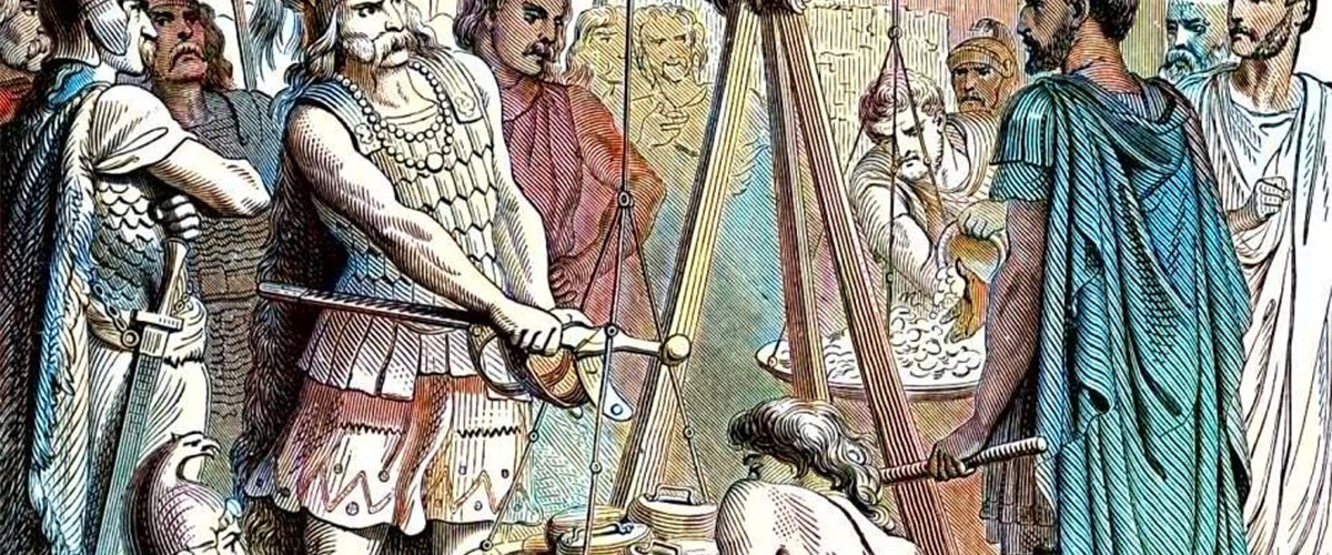 Wódz Galów Brennus naprzeciwko Rzymian. Grafika XIX-wieczna