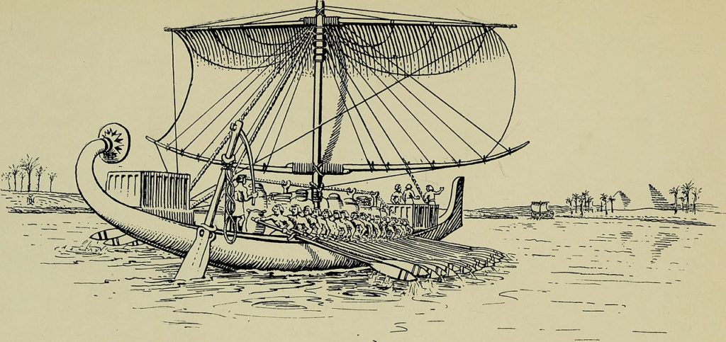 Brygada Merera transportowała barką wapień na budowę piramidy Cheopsa. Ilustracja poglądowa (Edward Keble/domena publiczna).