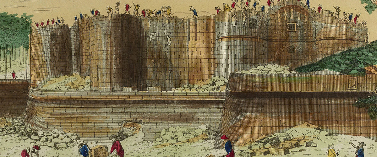 Burzenie Bastylii. Grafika z lat rewolucji francuskiej.