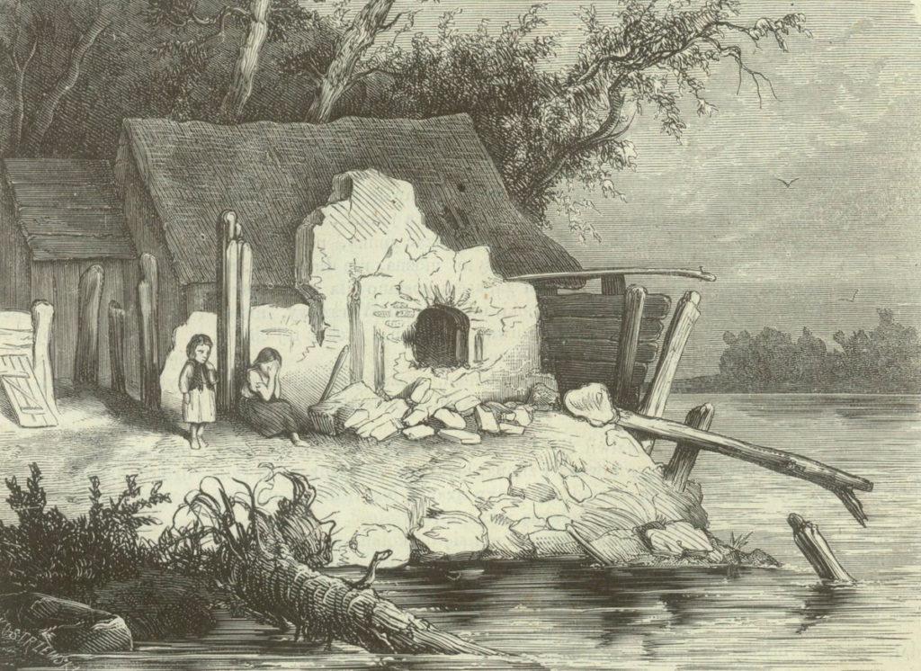 Chata nad Wisła po wielkiej powodzi. Ilustracja poglądowa z XIX wieku (domena publiczna).