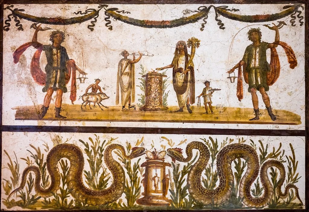 Fresk z Pompejów przedstawiający dwie lary (ArchaiOptix/CC BY-SA 4.0).