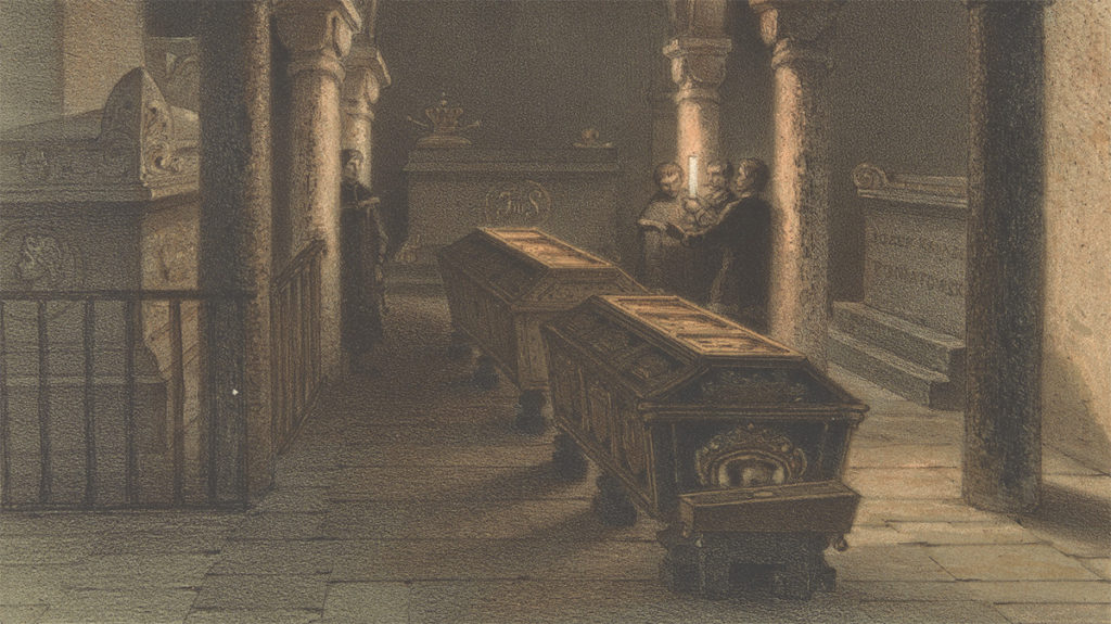 Groby królewskie w katedrze na Wawelu. Grafika XIX-wieczna.