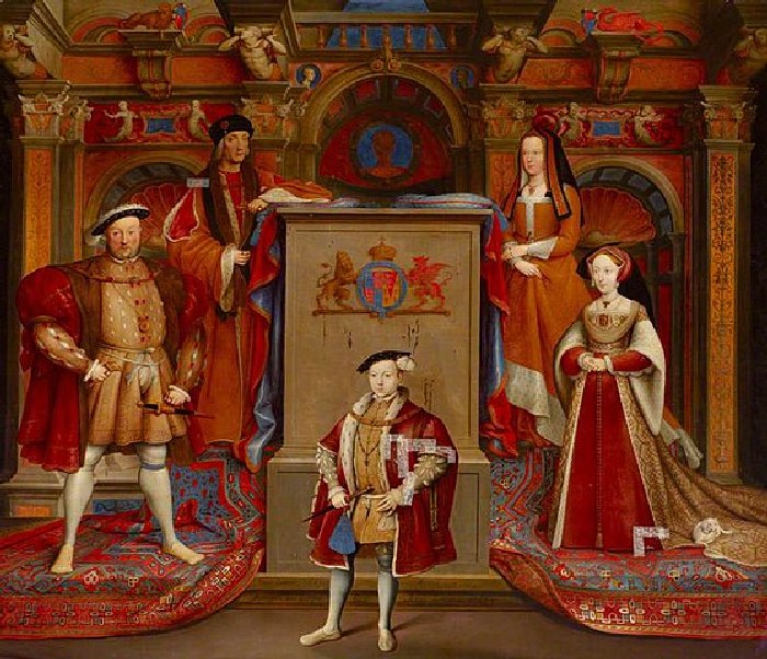 Obraz przedstawiający Henryka VII, jego żonę Elżbietę York, Henryka VIII, Jane Seymour oraz Edwarda VI (domena publiczna).