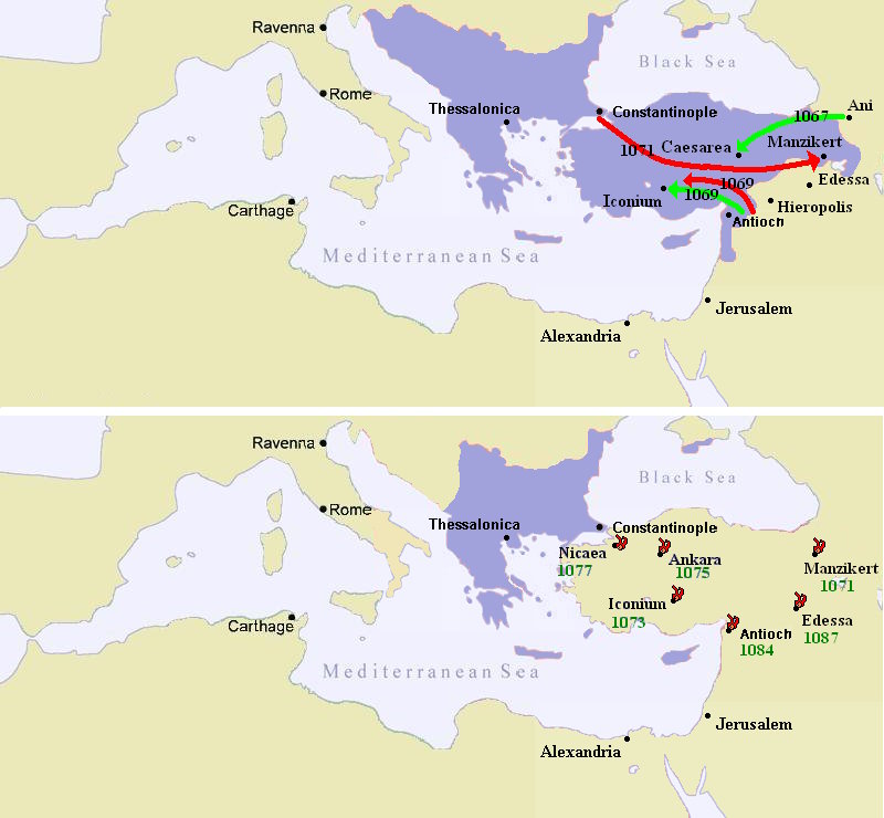 Mapy przedstawiające imperium Bizantyjskie przed bitwą pod Manzikertem oraz utratę ziem następnych latach (Tourskin/domena publiczna).