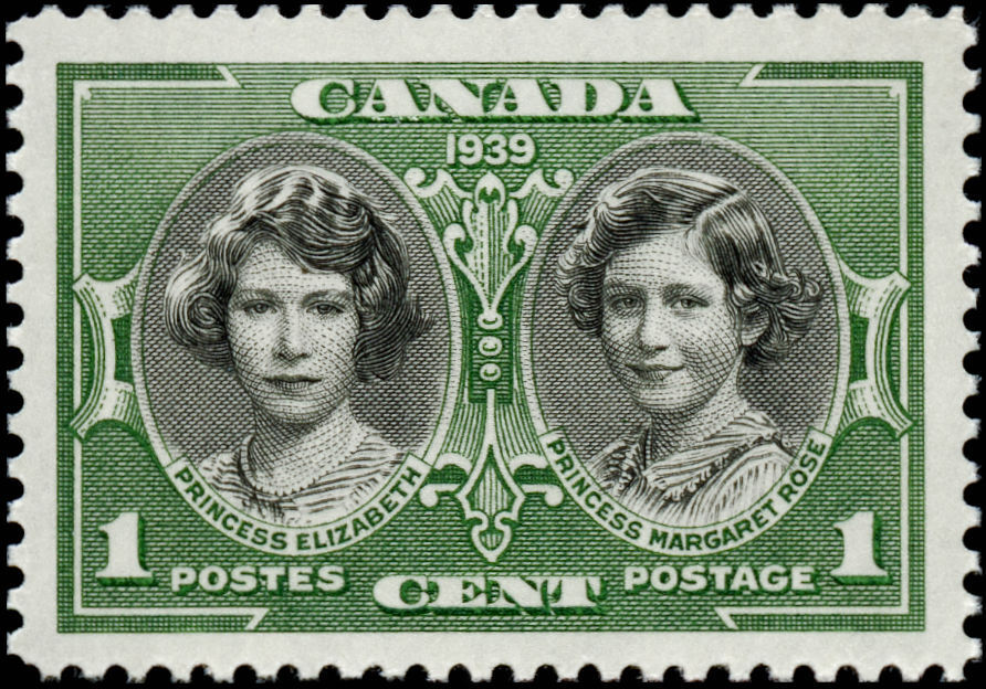 Kanadyjski znaczek z 1939 roku z podobiznami księżniczek Elżbiety i Małgorzaty (domena publiczna).