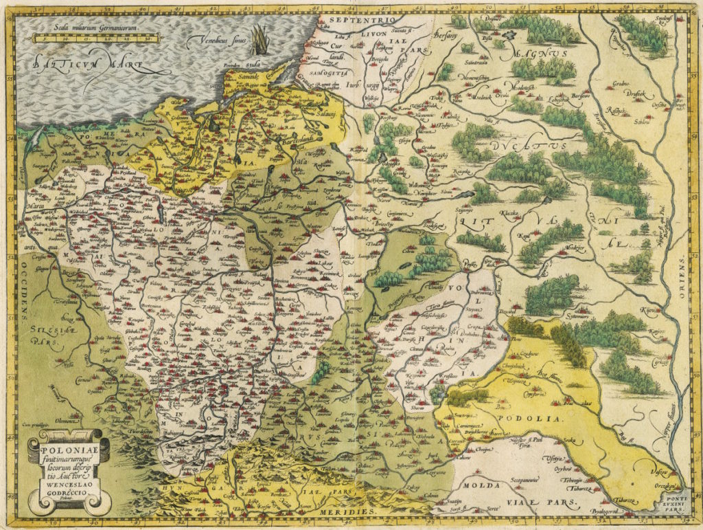 Mapa Polski W. Grodeckiego z 1562 roku w opracowaniu A. Orteliusa z 1579 roku. Widać na niej wyraźnie zaznaczoną Wisłę (domena publiczna).