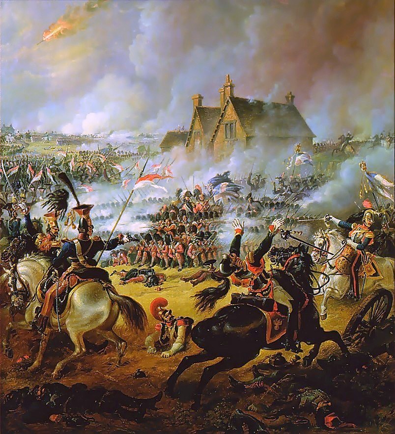 Bitwa pod Waterloo na obrazie Thomasa Jonesa Barkera (domena publiczna).