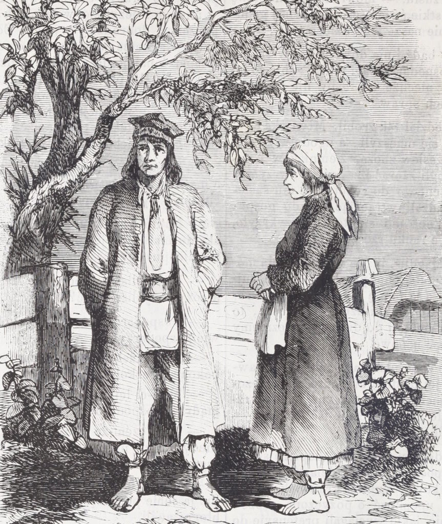 Chłopska para przy płocie. Rysunek z drugiej połowy XIX wieku (domena publiczna).